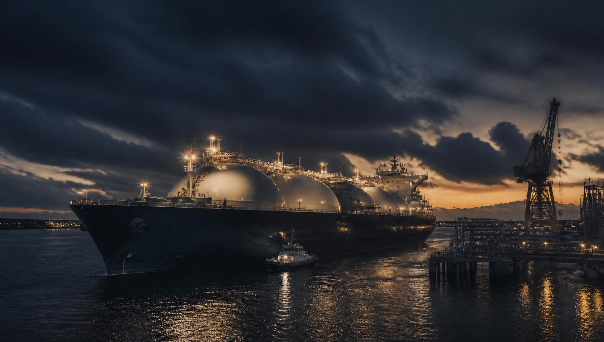 LNG carrier at a modern port at dusk